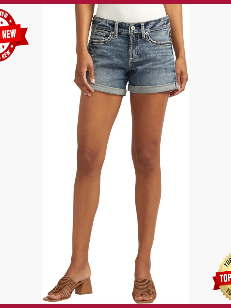 Mid Rise Curvy Fit Denim Shorts With Cuffed Hem 5-Pocket Style Stretch Cotton